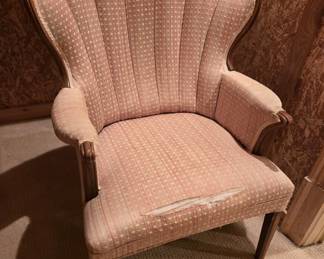 Vintage wingback armchair, pink upholstery, worn condition