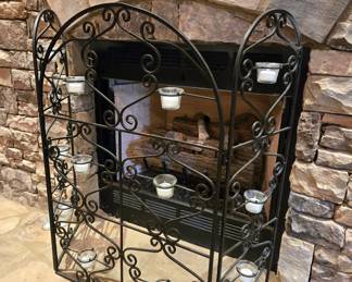 Wrought iron scroll fireplace screen with tealight holders