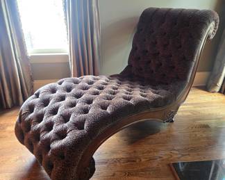 Tufted leopard print chaise lounge, wood frame