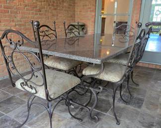 Wrought iron granite-top dining table, 6 chairs