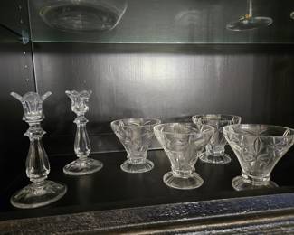 Crystal candlesticks pair and cut glass dessert cups, set of 5