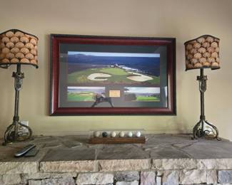 Pebble Beach 7th hole framed photo, golf ball display & pair of lamps