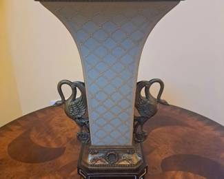 Tall BrassMounted Castilian Porcelain Vase Centerpiece Urn w Raised Lattice Design and Swan Handles