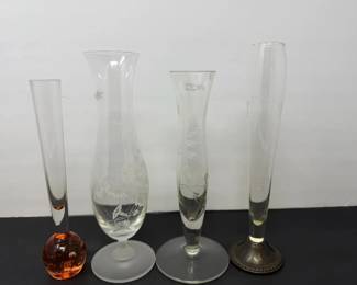 Lot of Four 4 Crystal Art Glass Bud Vases Incl. Toscany and Duchin w Etched and Sterling Details