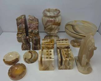 Large Lot of Vintage Banded Onyx and Polished Stone Marble Desk Decorative Accessory Pieces