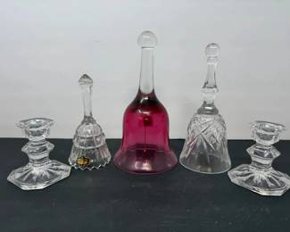 5 Vintage Glass Crystal Pieces by Pilgrim and Kristal Incl. 3 Handbells and a Pair of Candlesticks