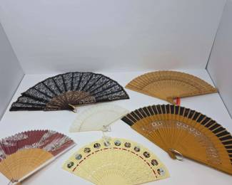 Lot of Six 6 Vintage Decorative Folding Hand Fans of Lacey, Wooden, or Pierced Construction