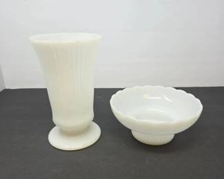 Two 2 Vintage E.O. Brody Company Milk Glass Pieces Ribbed Vase and Pedestal Bowl