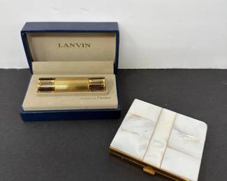 GoldPlated Lanvin Arpege Perfume Vial Designed by Cartier, and MotherofPearl Mirrored Compact