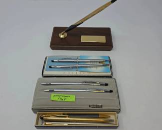 Vintage Assorted Pen and Pencil Collection by Cross and Waterman, Incl. Cross Desk Pen Set