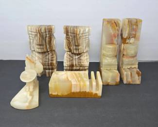 Vintage 6Piece Lot of Carved Banded Onyx Stone Bookends, Desk Organizer, and Ashtray