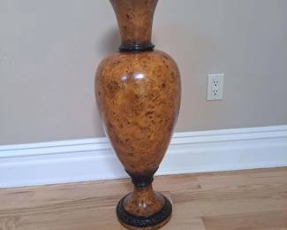 Tall Decorative Neoclassical BiedermeierStyle Burl Wood Floor Vase w Carved Ebonized Wood Accents