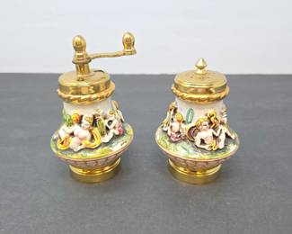 Vintage Capodimonte Salt Shaker And Pepper Mill Set Embossed w HandPainted Cherubs Foliage