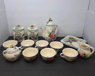 Vintage 14Piece Hand Painted Italian Ceramic Coffee Set w Cups, Sugar Creamer, Trays Canisters