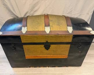 Vintage Dome Top Steamer Trunk w Embossed Crocodile Panels, Wood Slats, and Silvered Metal Hardware