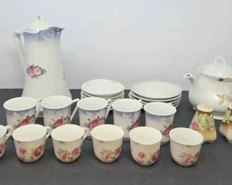 Large Assembled Set of Vintage German Porcelain Tableware and Serving Ware w Floral Motifs