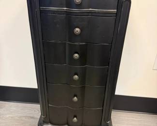 Vintage Ebonized FloorStanding Jewelry Armoire w Drawers, Hinged Side Compartments, Mirrored Lid