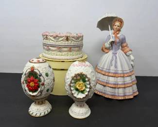 Lot of 4 Lenox Porcelain Collectibles Blossom Eggs, Springtime Promenade Musical Birthday Cake
