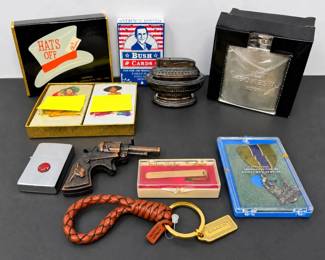 Vintage Mens Collectibles Lot Coach Key Fob, Lighters, Sobieski Flask, Playing Cards More