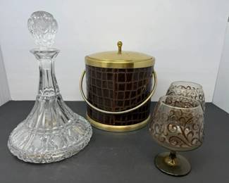 Vintage Barware Lot Cut Crystal Decanter, Faux Crocodile Ice Bucket Pair of Brandy Snifters