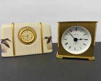Lot of Two 2 Decorative Quartz Mantel Desk Clocks by Tiffany Co. and Lenox