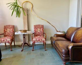 Yuca Plant, Leather love seat, 2 Queen Anne Arm Chairs, round "pie" table