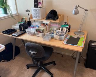 Desk, Lamps, office supplies, cards