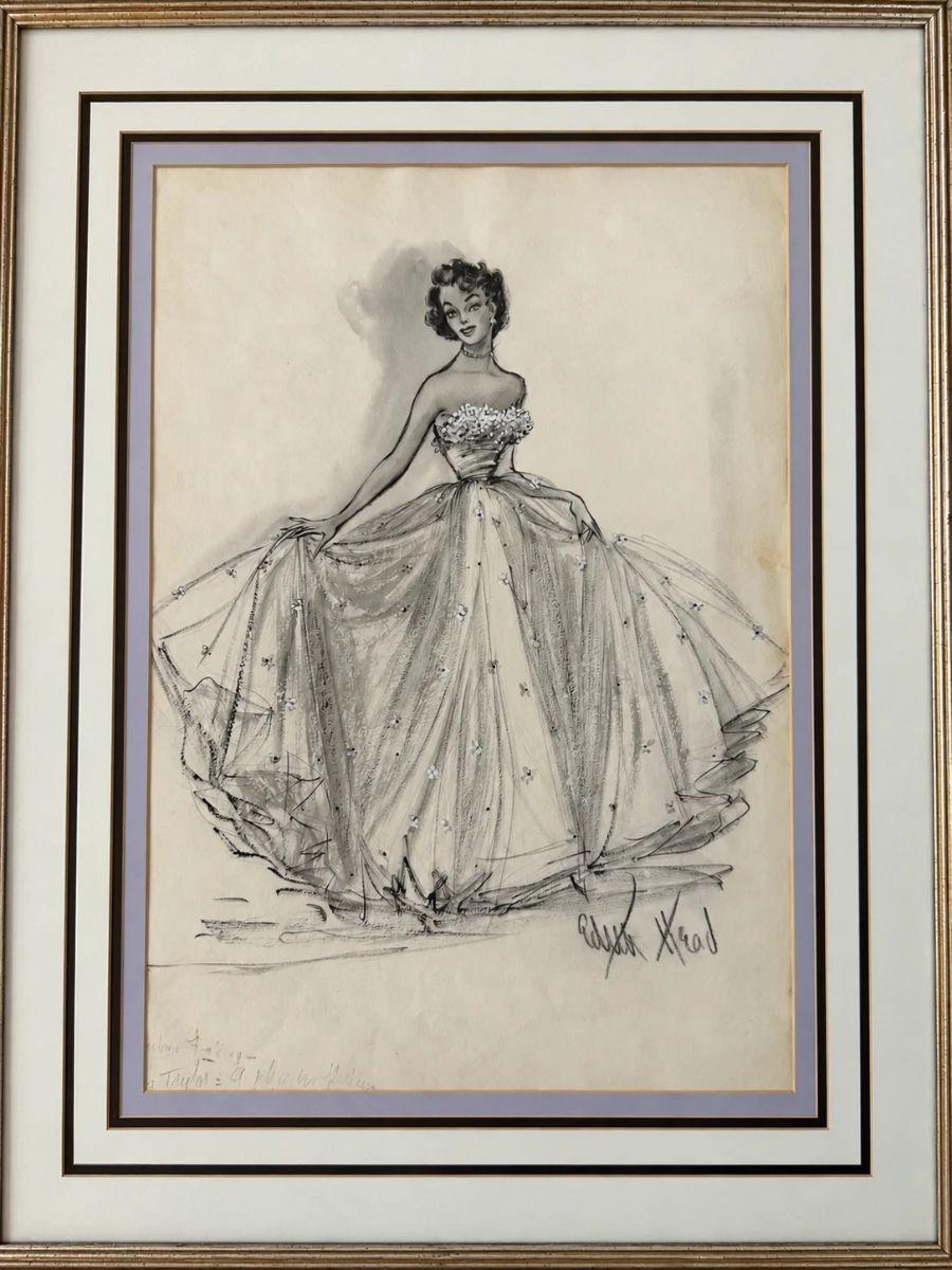Signed Edith Head ballgown costume drawing from Tom Culver’s Hollywood collection. See this framed design and more at the Hollywood Legends Estate Sale, September 18–20 in Valley Village.
