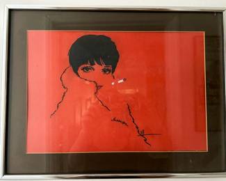 Framed fashion portrait illustration in bold black lines against a red background