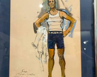 Costume drawing of a male figure in a striped sleeveless top and dark shorts with handwritten boat party notes and a dedication