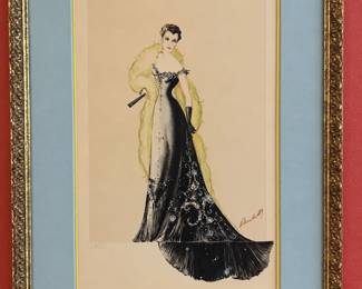Framed fashion illustration of a black evening gown with a sweeping embellished train, long gloves and a pale yellow wrap. Displayed with a blue mat and ornate gold-tone frame; lettering and a handwritten date are visible on the sheet. From Tom Culver’s collection.