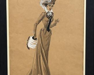 Framed costume illustration of a long brown gown with an elaborate hat and pale accessories