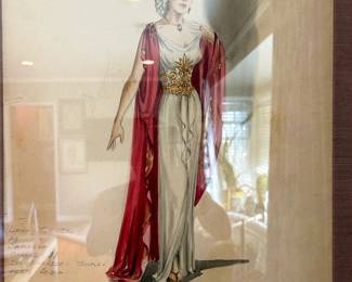 Full length theatrical costume sketch of a red robe over a pale gown with handwritten notes