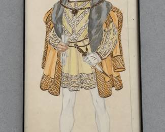 Male period costume drawing with a richly patterned gold cape white hose and elaborate Renaissance style detailing