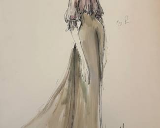 Costume drawing for Hombre depicting a high-necked mauve blouse and long olive-toned skirt. The attached production label includes “Held Captive” and “Martin Ritt–20th Century-Fox.” A large signature and handwritten initials appear on the sheet; visible paper discoloration is shown.
