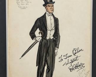 Framed costume drawing of a man in a black tailcoat and top hat with a cane and handwritten dedication