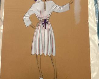 Costume illustration of a white dress with red linear detailing, a purple wide-brimmed hat and matching waist ties. Handwritten production notes and a signature appear on the sheet. A striking fashion-history piece from Tom Culver’s Hollywood collection; visible paper wear is shown in the photograph.