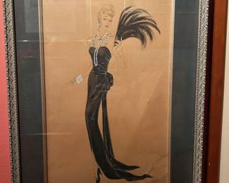 Framed costume illustration of a black evening gown with a dramatic feathered headdress