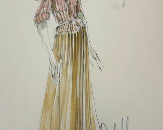 Hombre costume drawing with a production label identifying Margaret Blye as Doris, “Change 2C” and “On The Tracks, To Bisbee.” The figure wears a wide-brimmed hat, striped blouse and long gold-and-brown skirt. A large signature and handwritten notes remain visible.