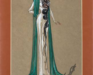 Matted costume illustration of a white column gown with a dramatic black-and-red motif and long teal drapery. A signature appears at lower right. The elongated silhouette, rich color contrast and rust-colored mat make this an eye-catching piece of costume artwork.