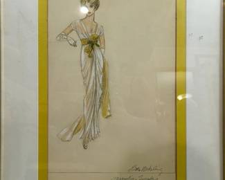Framed pale gown costume drawing in a yellow mat with handwritten notes and a full length fashion figure
