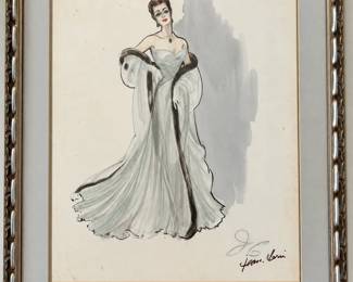 Framed costume illustration of a pale flowing gown with Jean Louis lettering and a dramatic full length silhouette