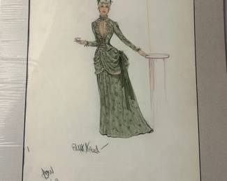 Costume sketch of a green period gown with ruffled detailing and a standing full length figure