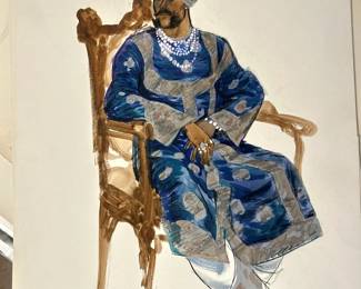 Costume drawing of a seated figure in a blue patterned ensemble and turban on an ornate golden chair