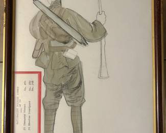 Framed soldier costume study showing a rear view with a bedroll, umbrella and long firearm. The attached production label reads “Nationalist Soldier Summer” and includes scene references. Handwritten notes and the number 84 appear on the sheet. From Tom Culver’s Hollywood collection.