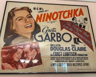 Framed Ninotchka movie poster featuring Greta Garbo and Melvyn Douglas from the Hollywood memorabilia collection