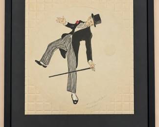 Framed theatrical costume illustration of a male performer in a top hat holding a cane with an extended leg pose