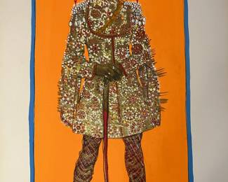 Theatrical costume drawing of an elaborately jeweled coat, feathered white turban and tall patterned boots against a vivid orange background. The dense red, white and gold detailing makes this a standout study of stage costume ornament. From Tom Culver’s Hollywood collection.
