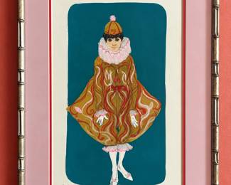Framed theatrical costume drawing inscribed to Tom Culver, with “Dr. Dolittle” and “Theadora Van Runkle” written on the sheet. The red-and-gold ensemble has a ruffled collar, matching cap and white stockings against a teal background.