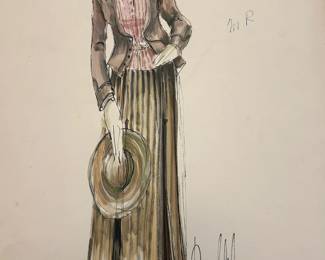 Costume drawing for Hombre showing a brown jacket over a striped blouse and long striped skirt, with the figure holding a wide-brimmed hat. The production label references an interior hotel lobby scene. Handwritten initials and a large signature appear on the sheet, from Tom Culver’s film costume collection.